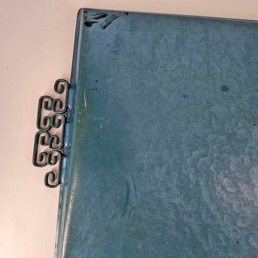 Vintage Mid Century Kyes Moire’ Glaze Brass and Enamel Teal Blue Tray 1960s 18" - Picture 4 of 5